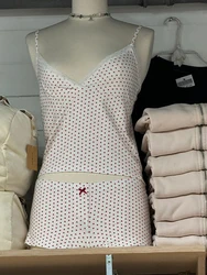 Heart Print Tank Shorts Pajama Set Woman Lace Trim V-neck Slim Vest+Bow Elastic Straight Short Pant Cotton Home 2 Piece Sets