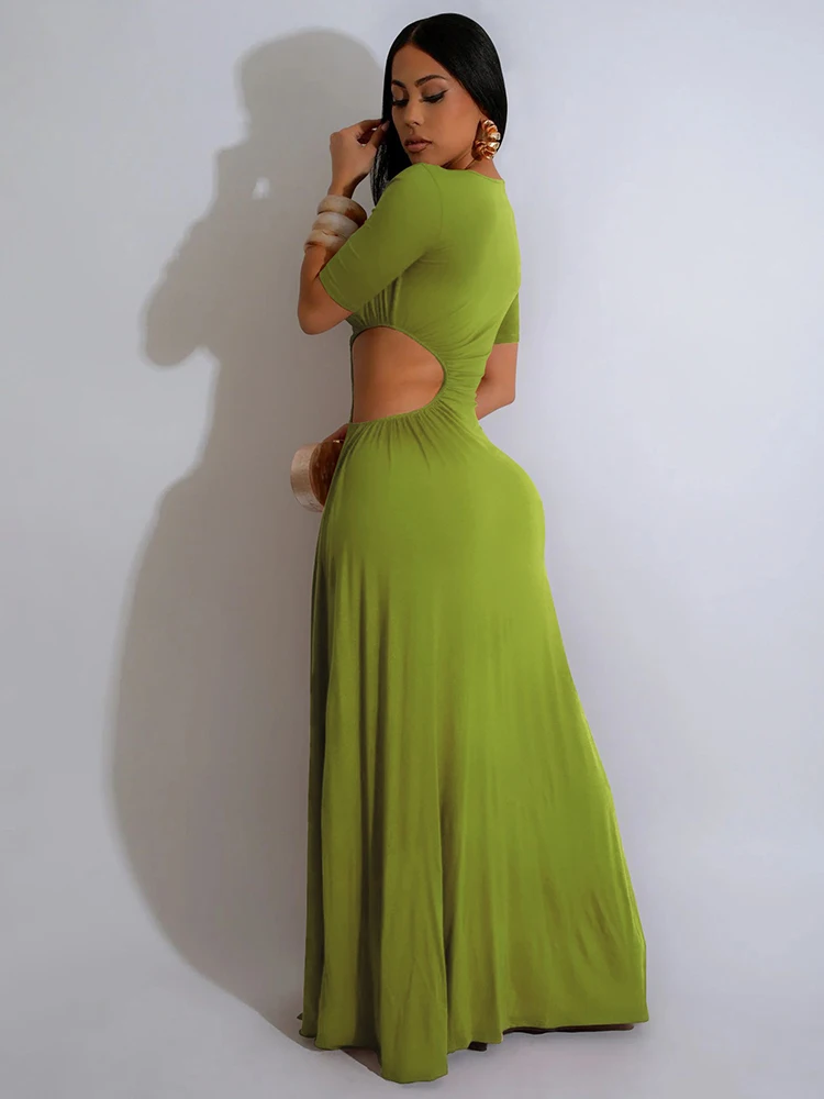 半袖セクシーレディースドレス、レディースカットアウトウエストサイドスリットドレス、パーティーイレギュラーネックロングイブニングドレス、サマー