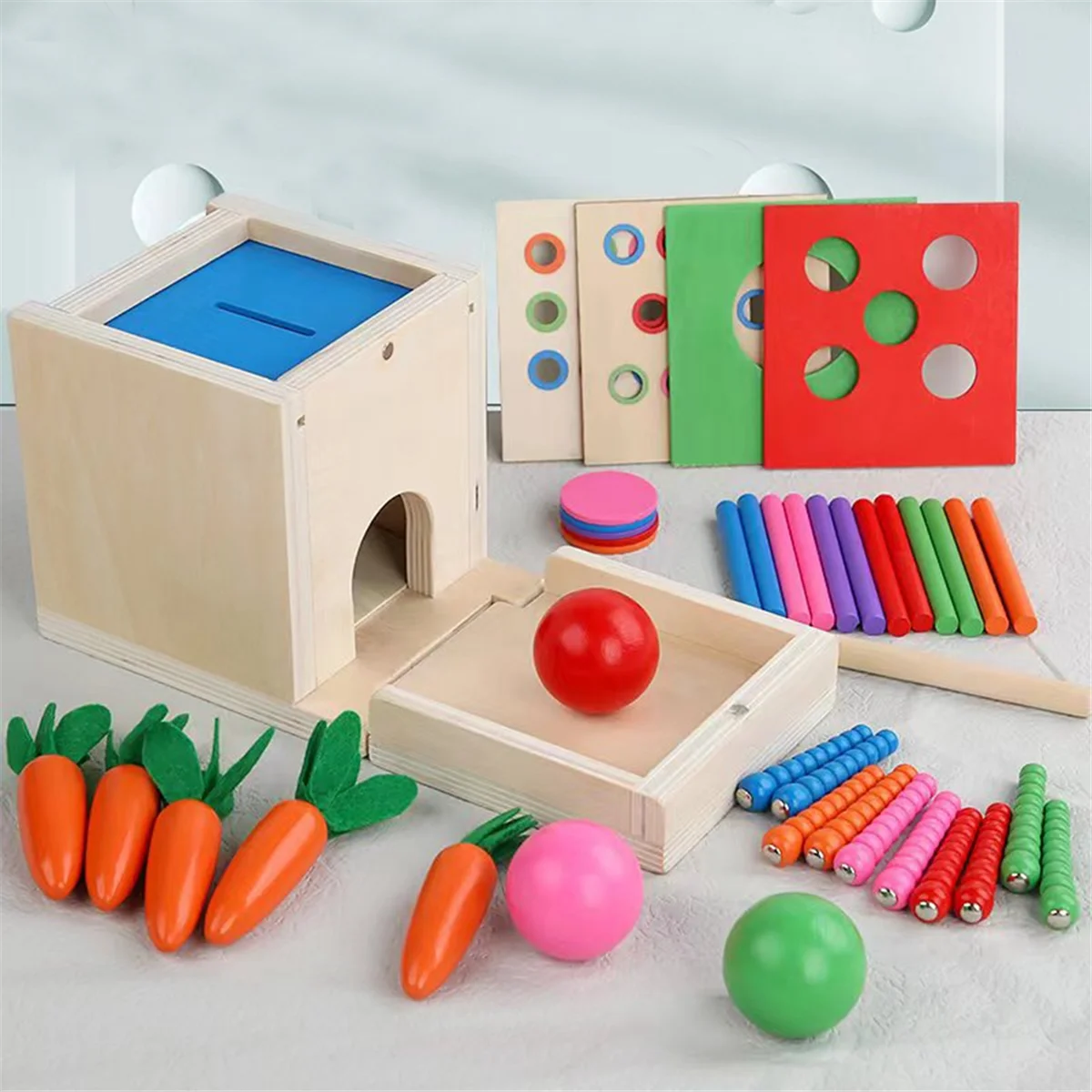 Kit de brinquedo montessori de madeira 6 em 1, caixa de permanência de objeto, conjunto de jogo com caixa de moedas, colheita de cenoura, bola classificadora, brinquedo n03r