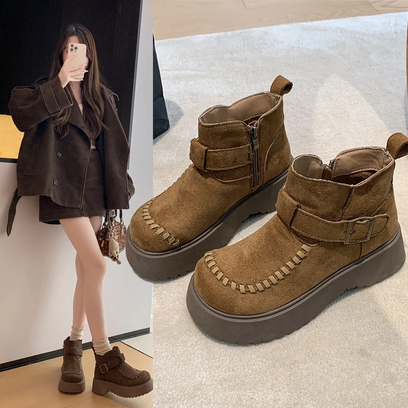 

2025 New Women Ankle Boots Flats Platform Shoes Suede Winter New Trend Casual Sneakers Fashion Snow Boots Walking Woman Boots