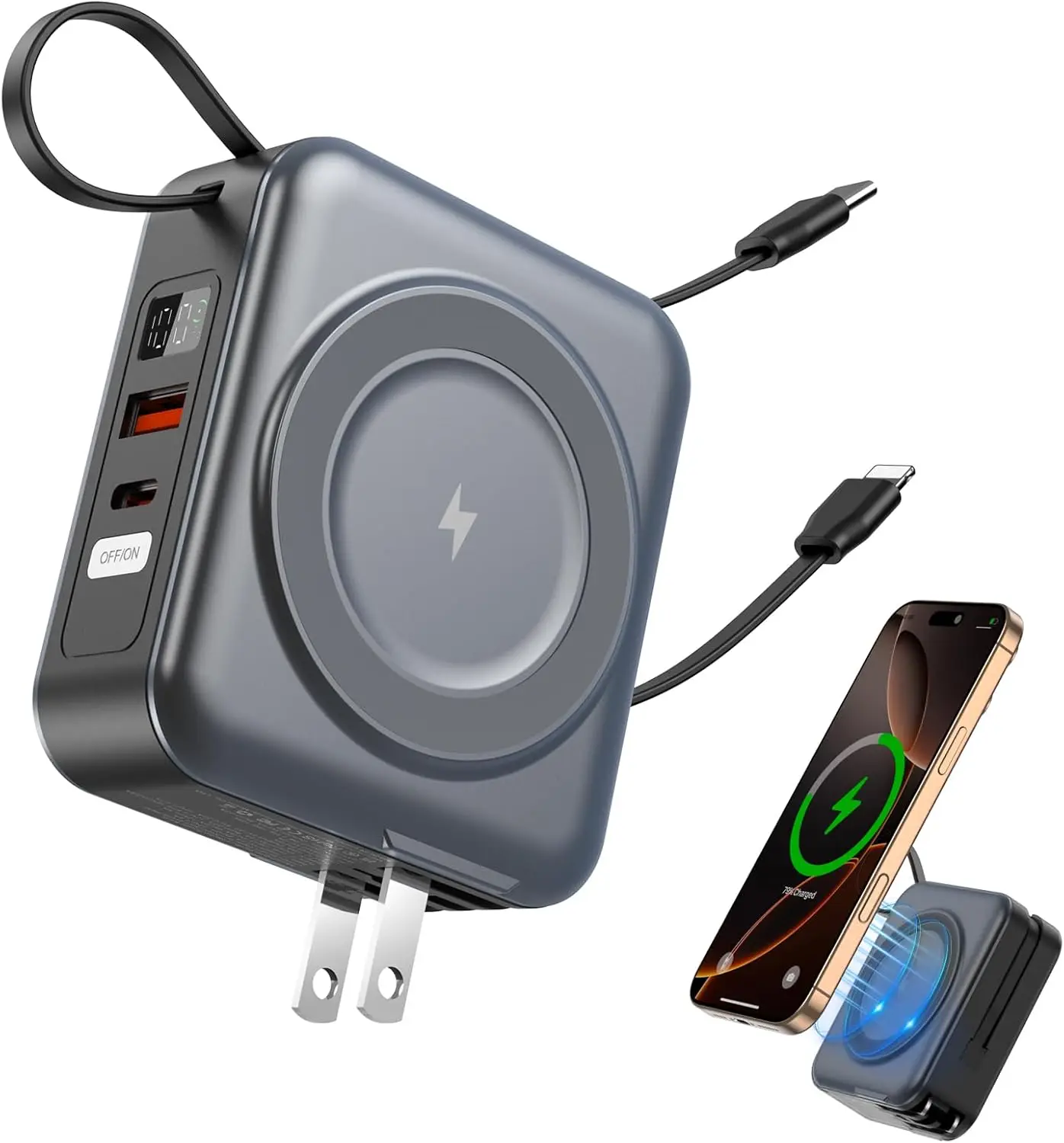 

Магнитный беспроводной внешний аккумулятор 10000 мАч с сетевым адаптером и встроенными кабелями, быстрая зарядка 22.5 Вт для серии iPhone