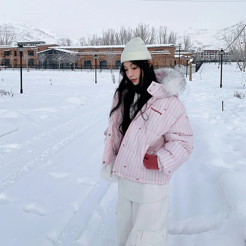 

New Warm Hooded Coat Zipper Closure Long Sve Korean Striped Knot Bread Sle Women's Cotton Jaet Winter