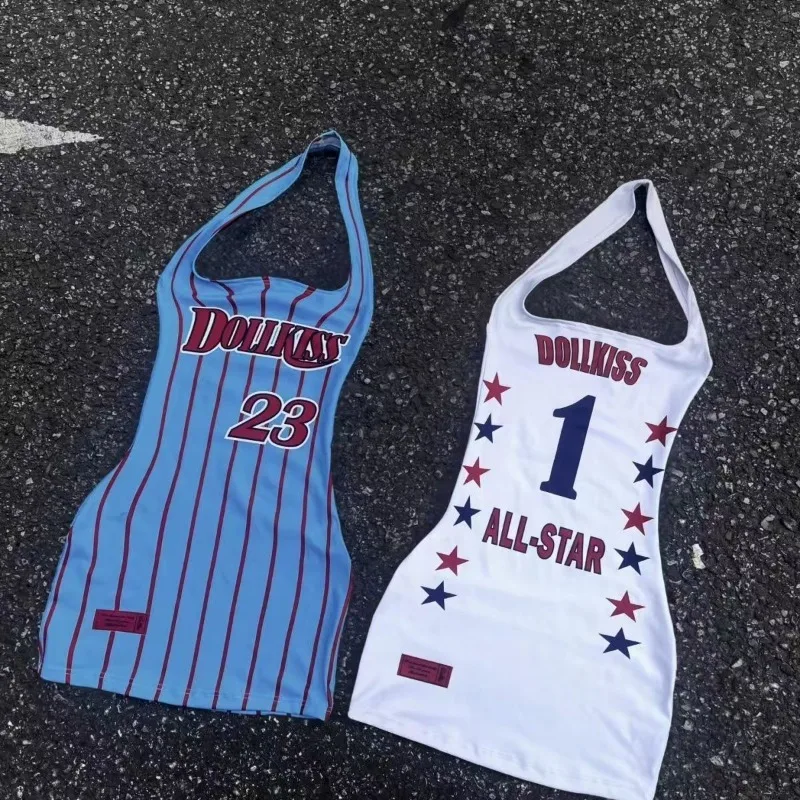 

Striped American Retro Minidress Street Hottie Bodycon Sundress Sexy Backless Halter Dresses Pop Lette Print Sporty Dress Women