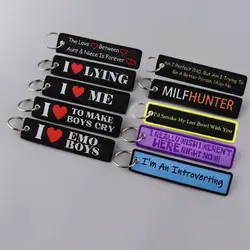 I Love Emo Boys Embroidery Key Fobs Quote Key Tags Red Heart Keychains for Women Car Keyring Accessories Gift Backpack Pendant