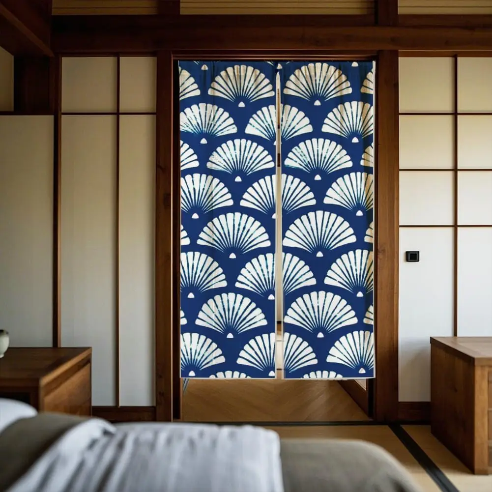 Japanese Seigaiha Wave Door Curtain, Navy Blue Background White Fan-Shaped Wave Print, Serene Wabi-Sabi Decor Room Divider