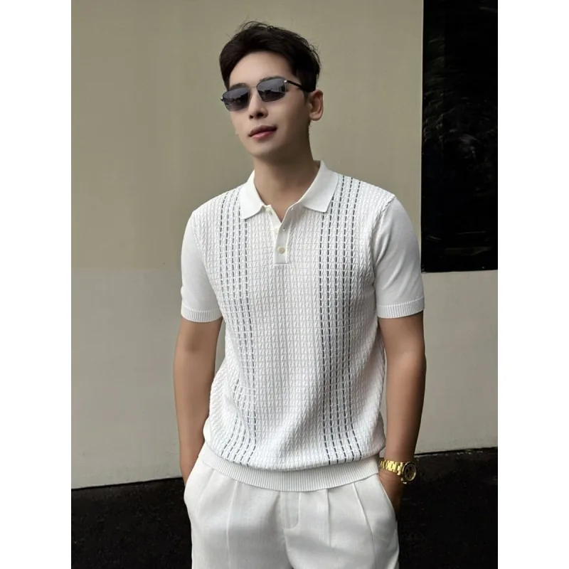 High Quality Knitted Jacquard Polo Shirt Men's Short Sleeved Casual Business Social T-shirt Male Formal Social POLO Men Clothing