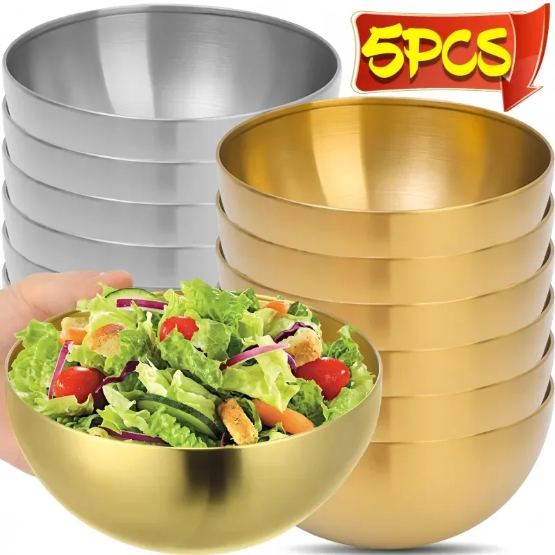 

5/1PCS Stainless Steel Salad Bowl Gold Silver Rice Soup Lamian Noodles Bowl Kitchen Dining Tableware Food Round Sanded Container