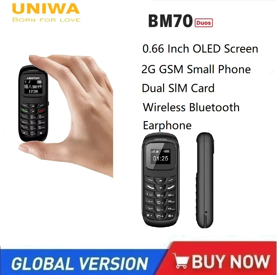 

UNIWA BM70 DUOS 2G GSM Mini Phone 1.77 " Dual SIM The Smallest Phone for Baby Wireless Bluetooth Earphone 350mAh Mobile Phone