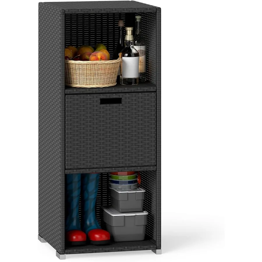 Outdoor Storage Cabinet for Patio Porch Garden Backyard Poolside: PE Rattan Wicker, Beige, Weather-Resistant with Shelves Drawe