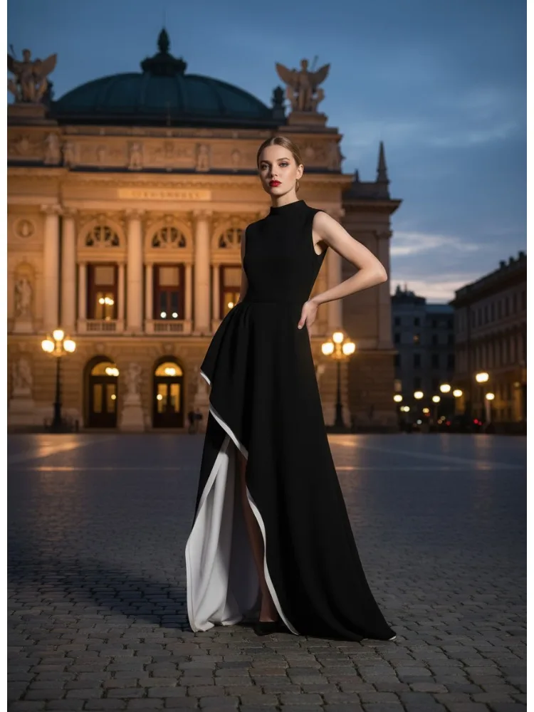 

Женское черное платье макси с воротником-стойкой, асимметричный низ с высоким разрезом и белой подкладкой, элегантные вечерние платья, платья трапециевидной формы без рукавов