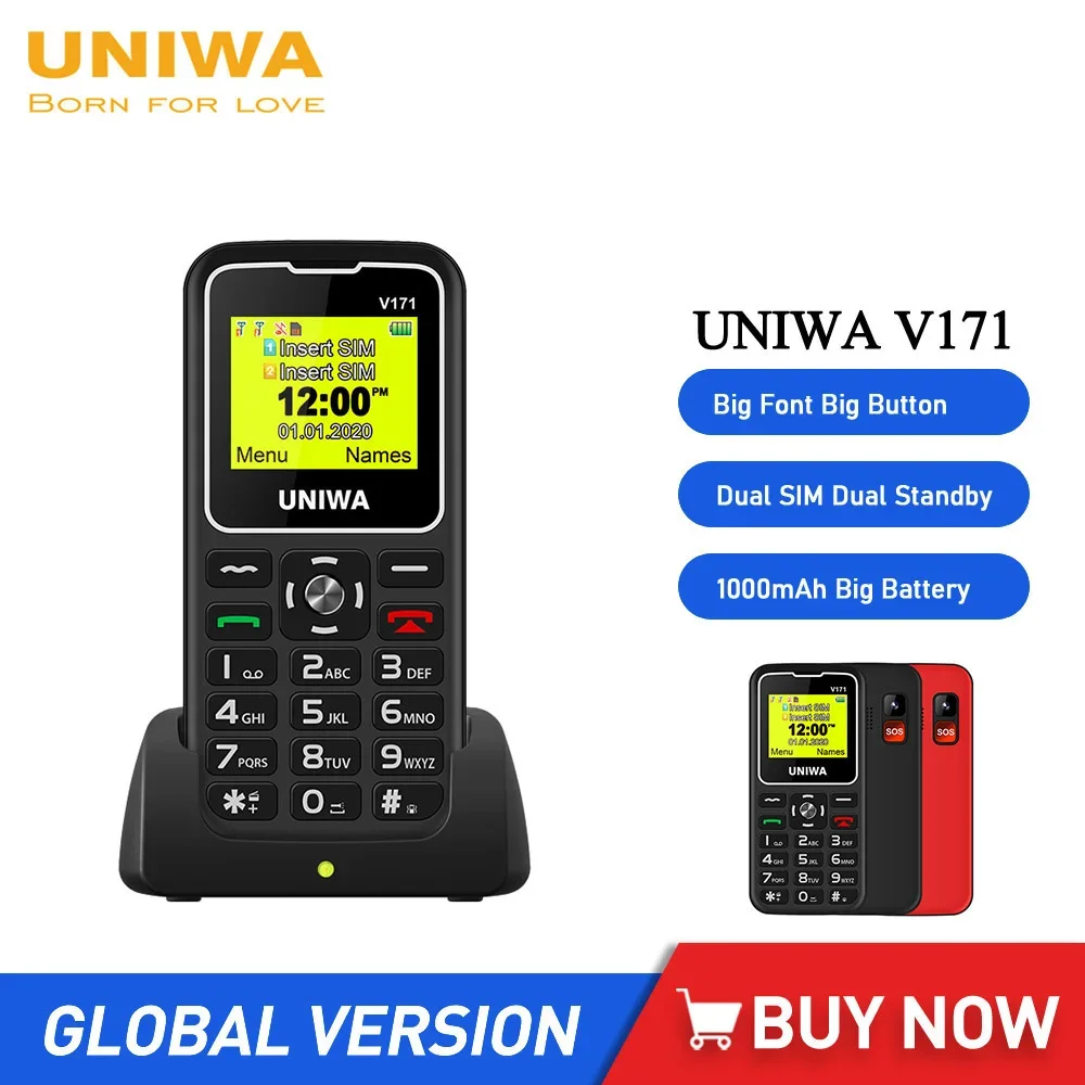 Uniwa V171 Functie Telefoon 2G Gms 1.77 Inch Draadloze Fm Senior Mobiele Telefoon 1000Mah Gratis Laadstation Sos Ouderen Mobiele Telefoon