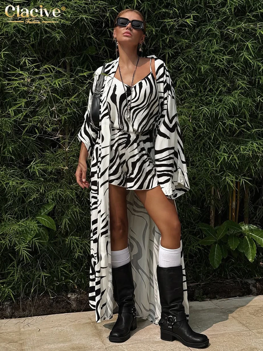 

Clacive Fashion Loose Stripe Print 2 Piece Set Women Outfit 2025 Elegant Long Sleeve Robes + Tank Top With High Waist Shorts Set