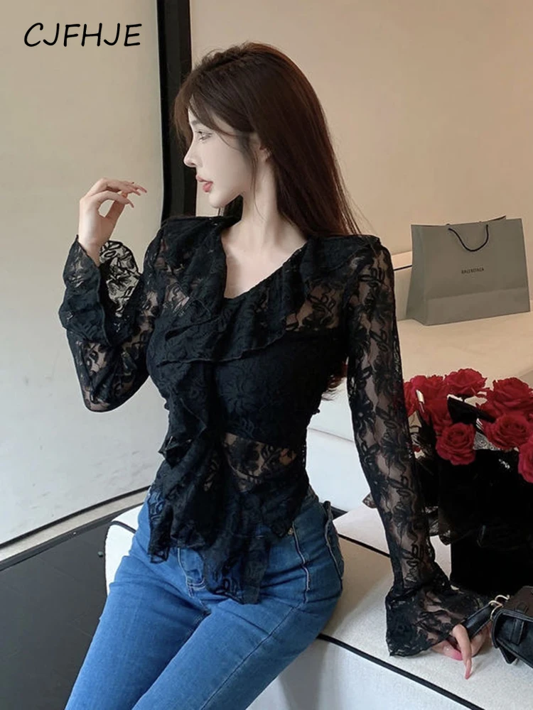 CJFHJE Sexy See Through Women Lace Shirt Fashion Hollow Out Slim Blouse Korean Elegant Flare Sleeve V Neck All Match Female Tops