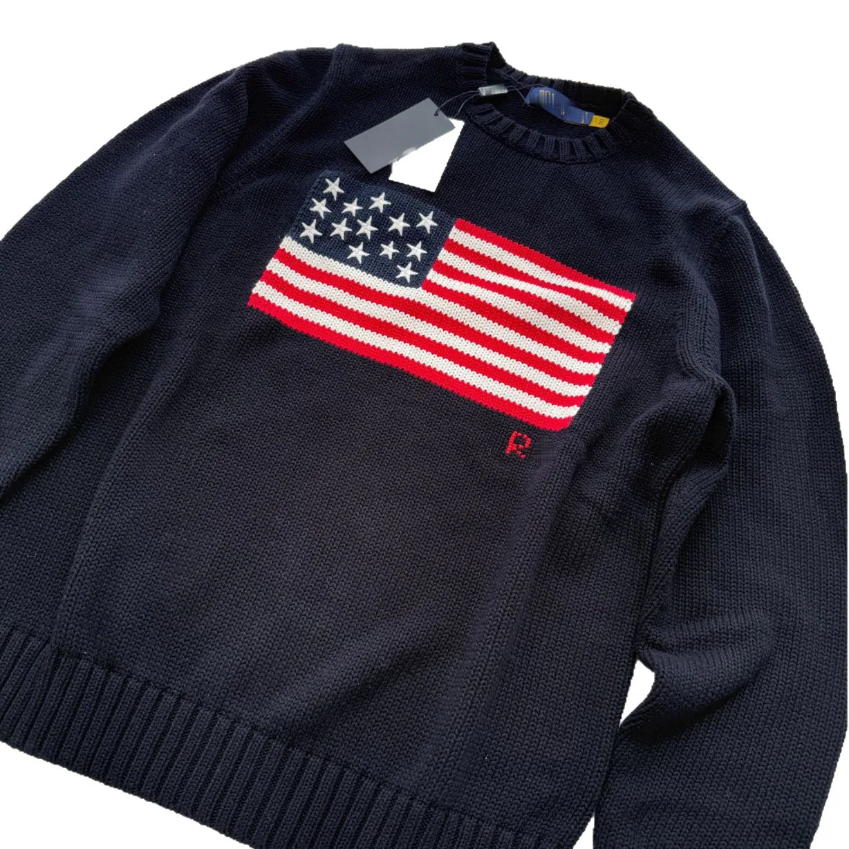 

Letters Highlighted Sweater Autumn Winter Heavy Industry Embroidered US Flag Round Neck Knitted Sweaters Mens Womens Streetwear
