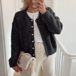 Women's Aesthetic Crop Cardigan Solid Color Crew Neck Long Sleeve Button Down Sweater Casual Streetwear