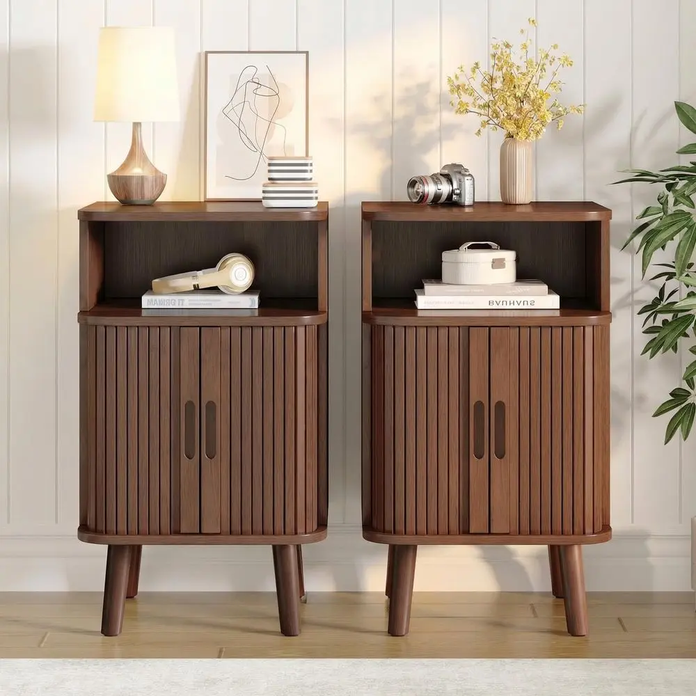 

Nightstand Set of 2, Mid Century Modern End Table with Storage, Fluted Bedside Table, Wooden Curved Profile Night Stands with S