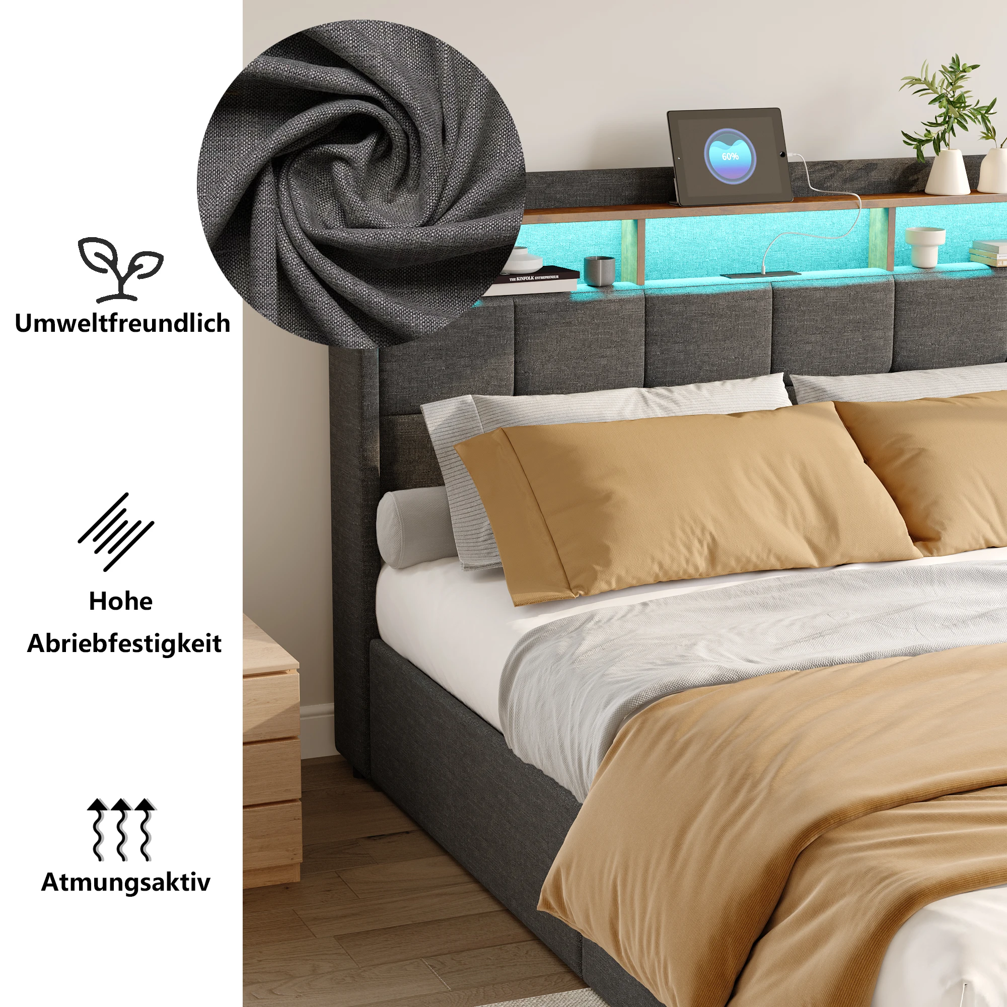 سرير مزدوج مدفوع، 140 × 200 سم، مع 4 أدراج تخزين، إضاءة LED ومنفذ USB، رمادي حديث بسيط، هيكل سرير