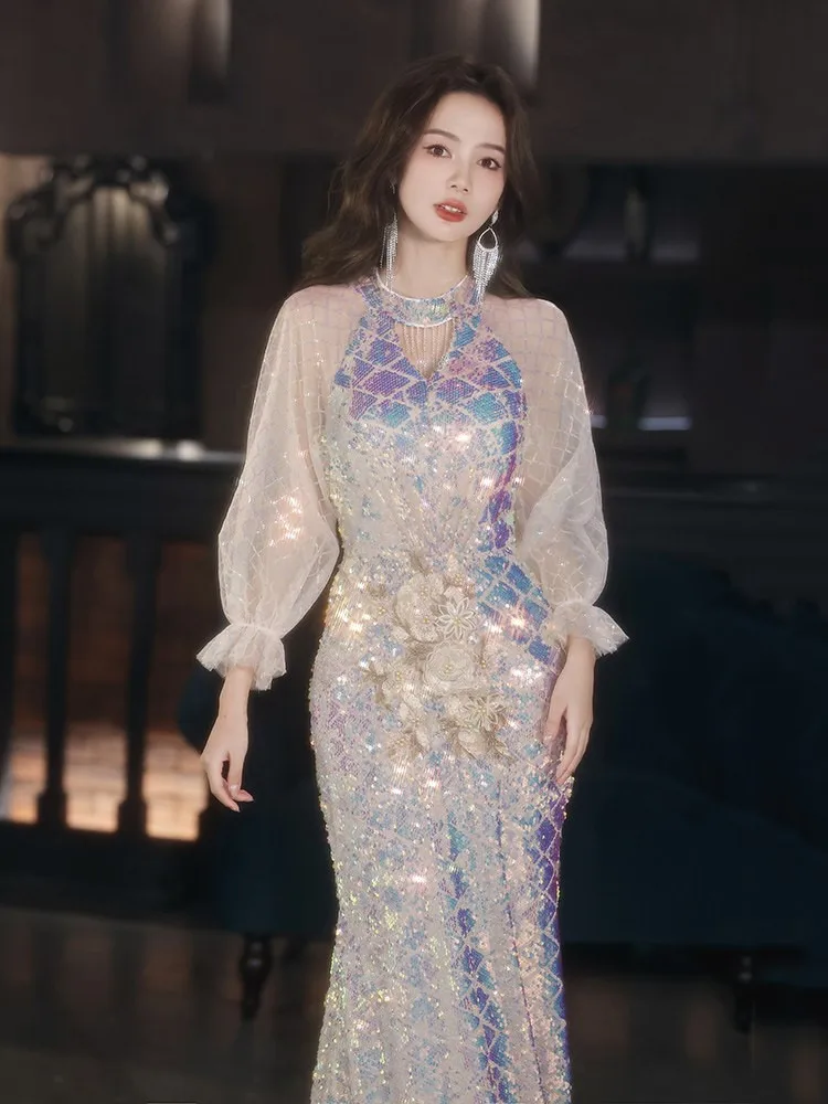 Sequined adult-style banquet fishtail light luxury niche haute couture tassel host heavy dress