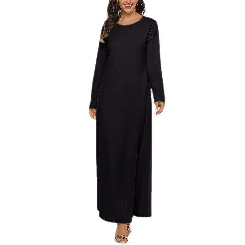 Women's Muslim Prayer Dress Solid Color Long Sleeve Round Neck Long Dresses Casual Loose Middle East Kaftan Arab Islamic Robe