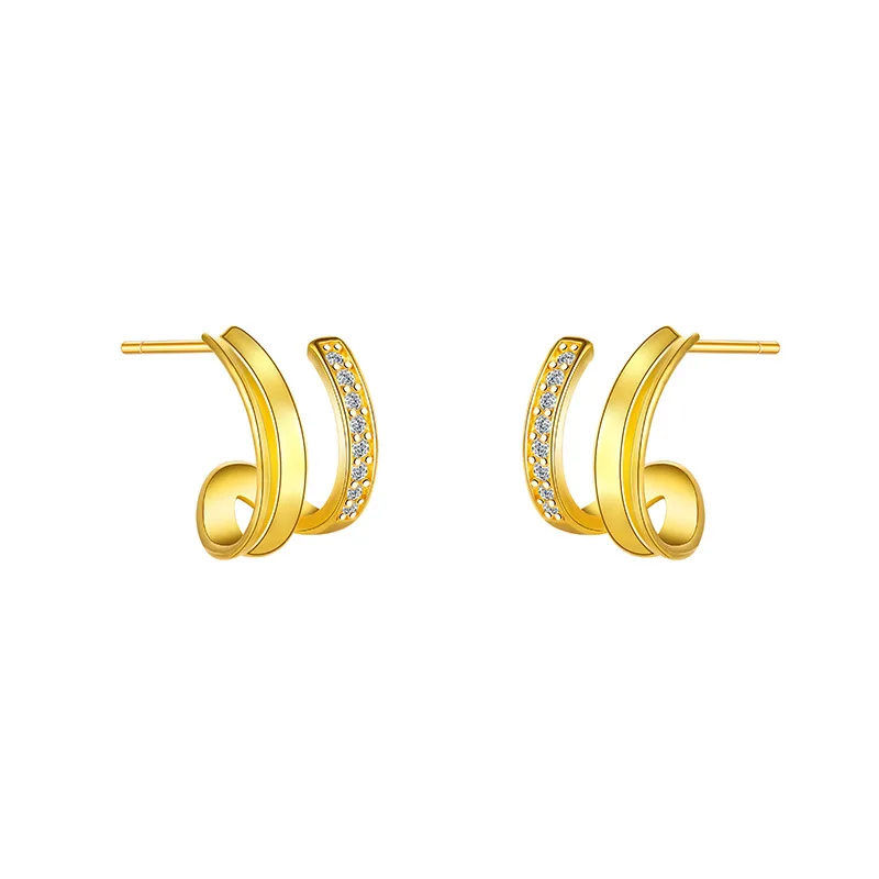 2024 New Vintage Gold Color C-Shaped Stud Earrings for Women Double Ring With Zirconia Temperament Jewelry Party Gifts