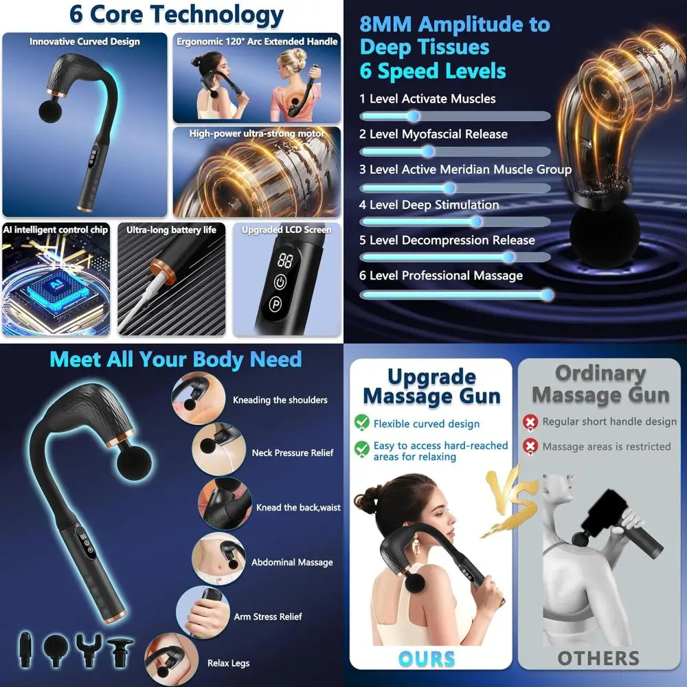 

Усовершенствованный массажный пистолет с удлиненной ручкой для глубокого расслабления тканей, многофункциональный массажер с 4 насадками, 6 скоростями, 3 режимами