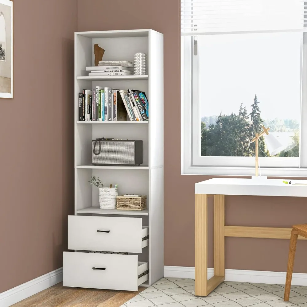 4 Shelf Bookcase with 2 Drawers, 74 Inch 4 Tiers Tall Open Bookshelf with 2 Slide-Out Drawers, Anti-toppling Device