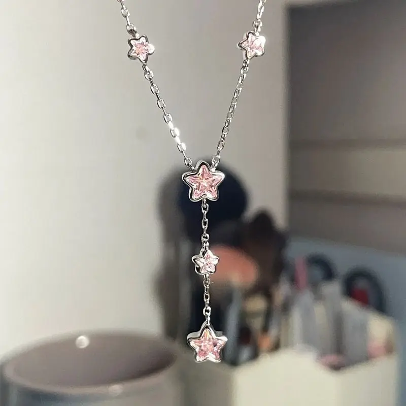 Luxury Stainless Steel Sweet Star Pink Zircon Pendant Necklaces for Women Crystal Clavicle Chain Female Y2K Jewelry Gifts