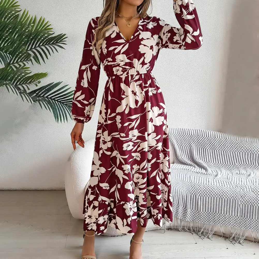 Lady Spring Fall Dress V Neck Floral Print Long Sleeves High Tight Waist A-line Flowy Ruffle Hem Dating Shopping Midi Dress