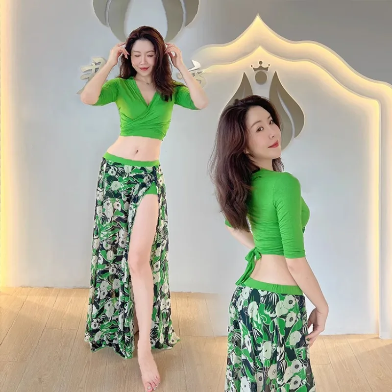Customized SWEGAL Belly Dance Practice Dress Set Series Tie Top Green Printed Chiffon Big Swing Skirt Oriental Dance Large Size