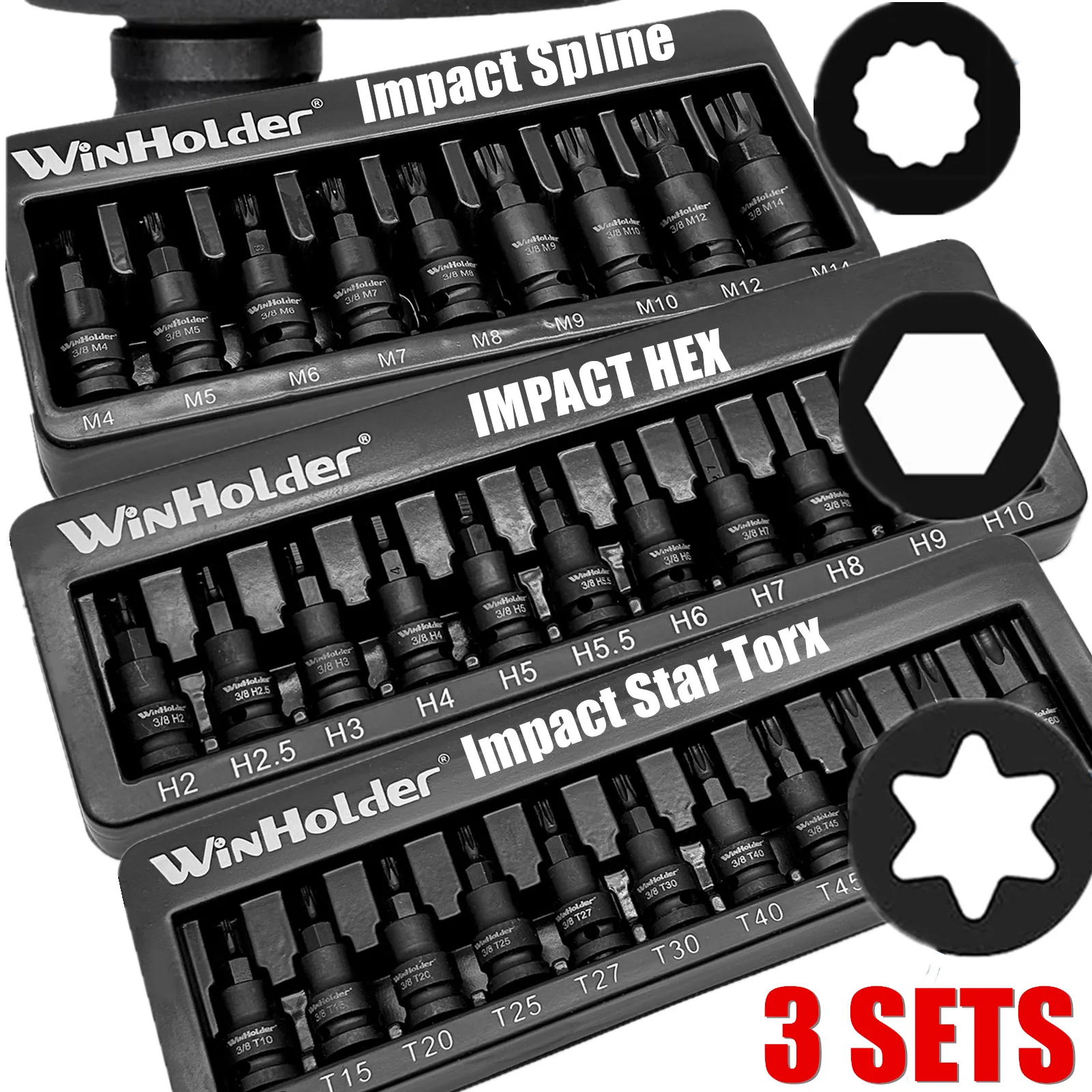 WinHolder 3 Sets  IMPACT Hex Torx Spline Bit Sockets 3/8