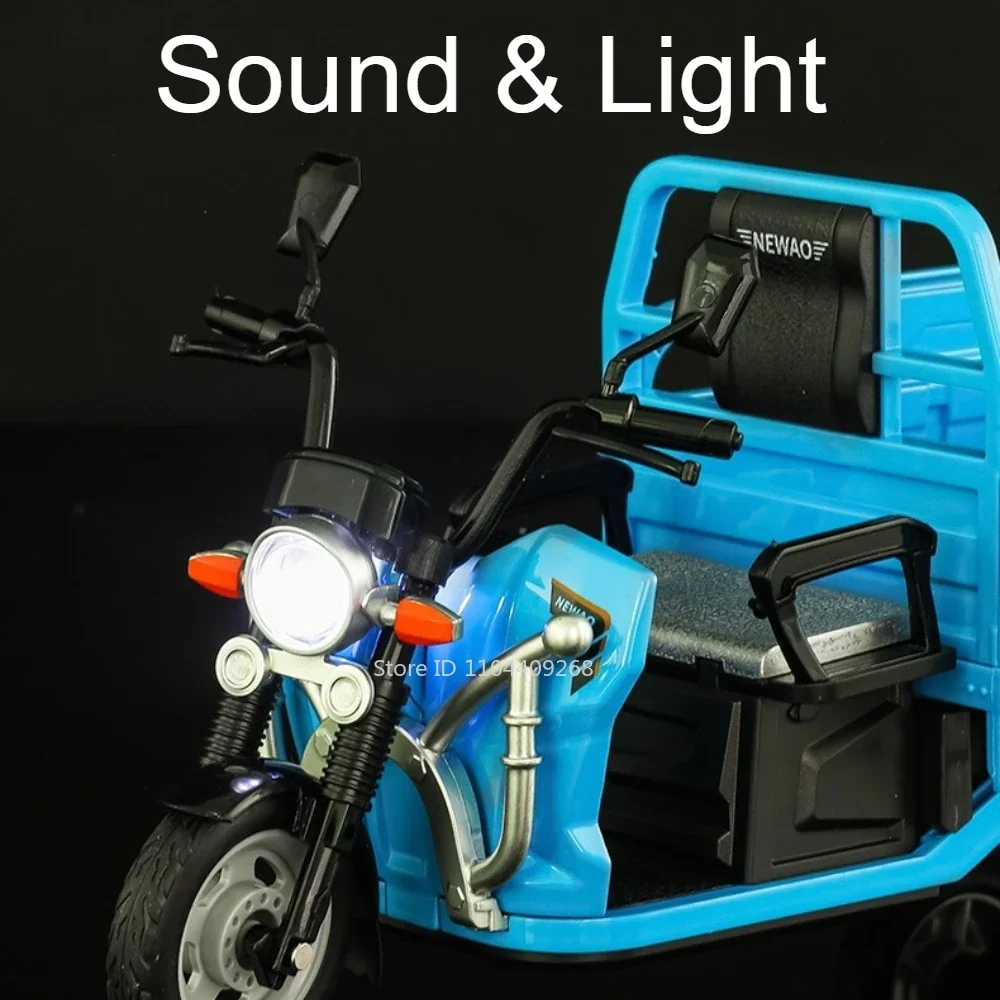 1:12 삼륜차 모형 자동차 장난감 금속 다이캐스트 사운드 라이트 풀백 익스프레스 배송 운송 차량 모델 소년 어린이 선물