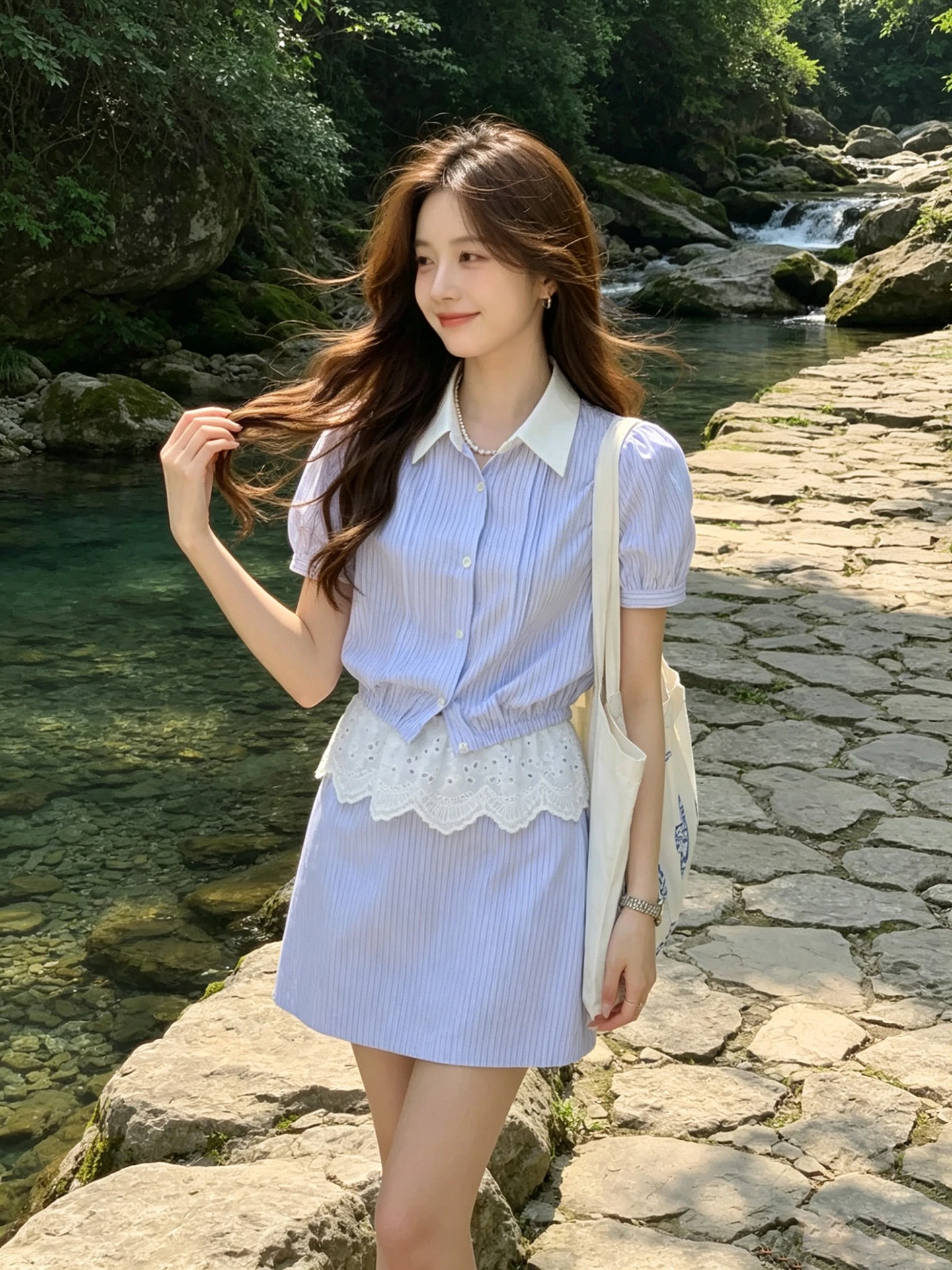 

Korean Style College Blue White Stripes Shirt Dress Set Women Summer 2026 New High Intelligence Collar Top Half Skirt Two Pie...