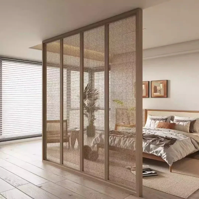 French medieval multi-functional solid wood home rattan glass screen partition wall living room homestay home decoration