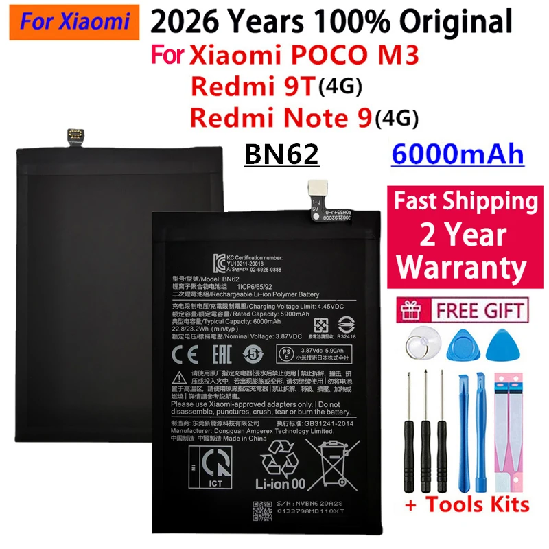 2026 Years 100% Original 6000mAh BN62 Battery For Xiaomi Pocophone Poco M3 For Note 9 Redmi 9T Batteries Bateria Fast Shipping