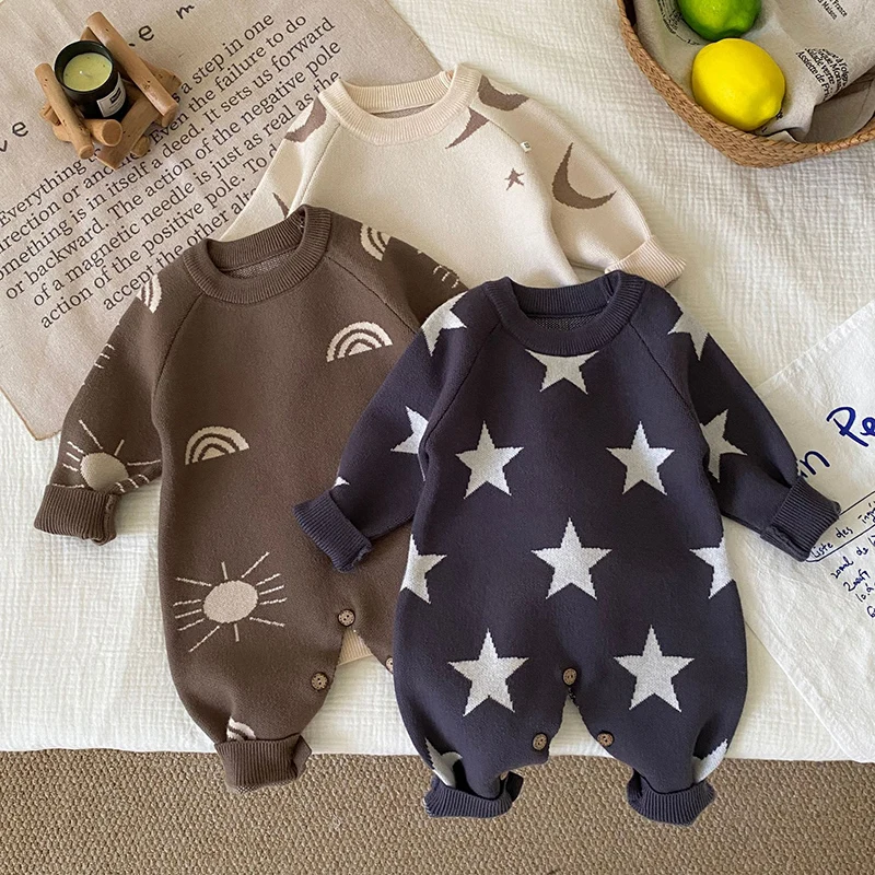 

2026 New Spring Children Clothes Infant Baby Girls Knitted Jumpsuit Long Sleeved Knitted Print Toddler Baby Girl Knitted Romper