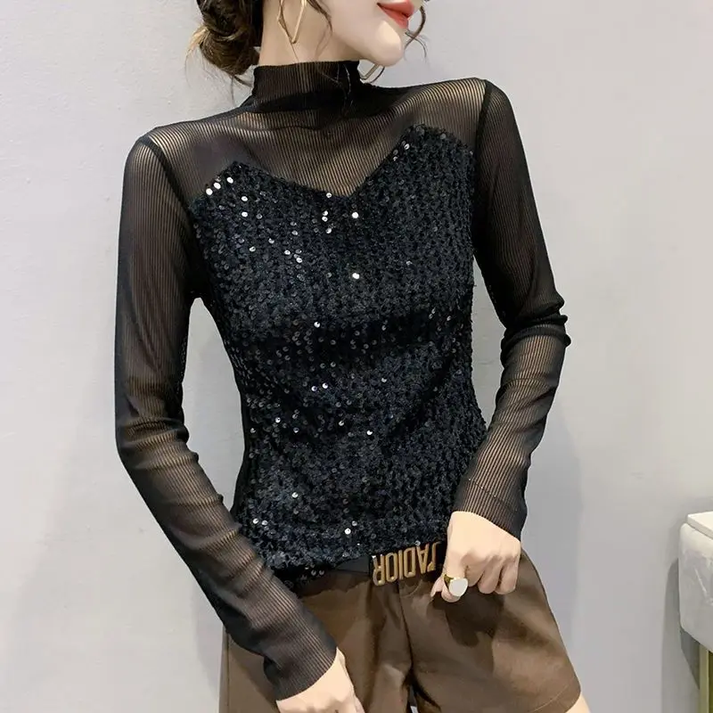 Fashion Stand Collar  Gauze Spliced Sequined Blouses Women\'s Clothing 2023 Autumn Winter Loose Elegant Tops Office Lady Shirts