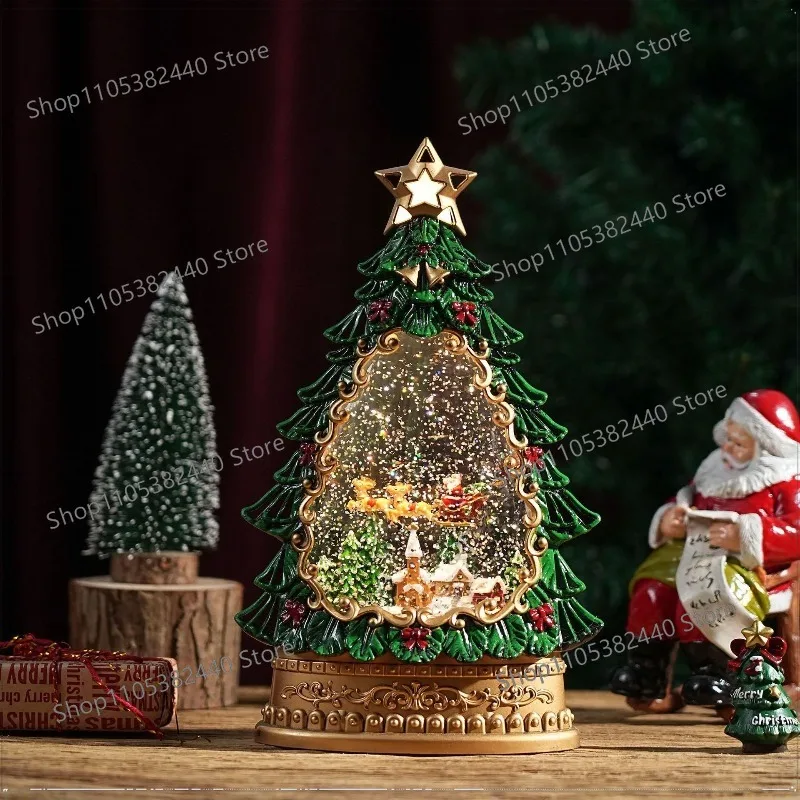 Christmas Water Snow Globe Tree Night Light, Glowing Desk Ornament with Snowfall Effect, Festive Holiday Gift Decor