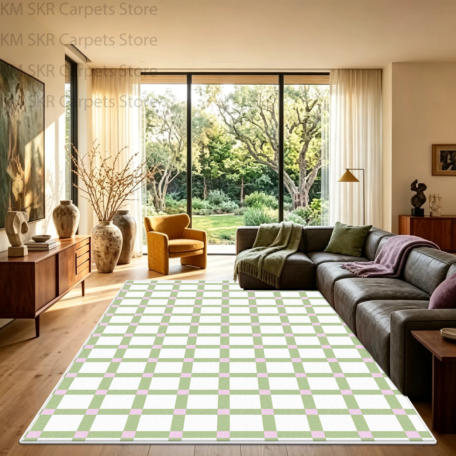 INS Korean Grid Style Living Room Sofa Carpets High-end Antiskid Washable Bedroom Bedside Mat Soft Fluffy Study Decoration Rug
