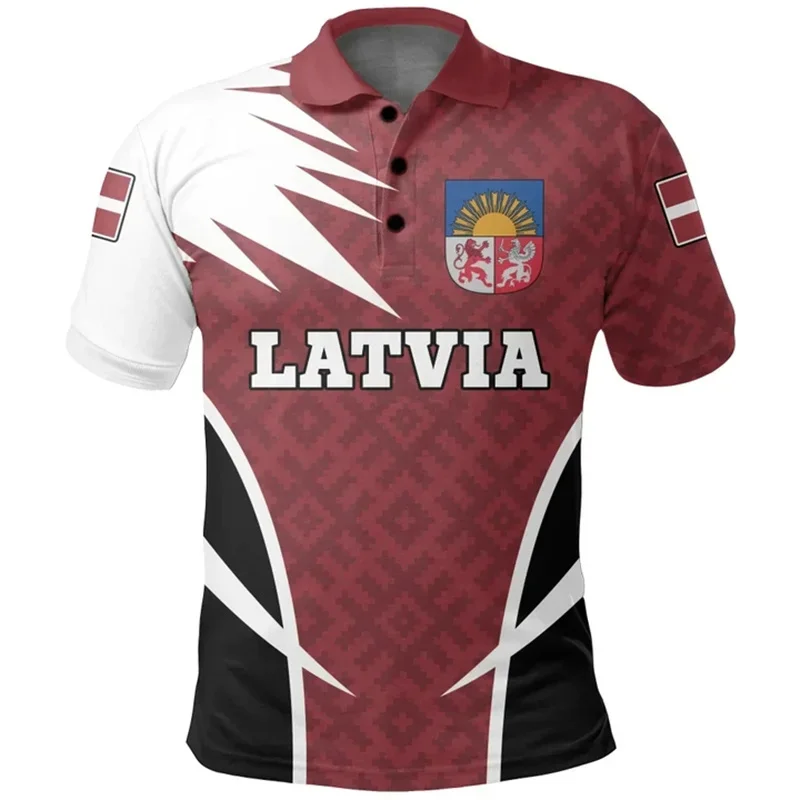 Fashion New Summer 3D Latvia National Flag Emblem Printing Polo Shirt Latvia Coat Of Arms Graphic Polo Shirts Vintage Cool Polos