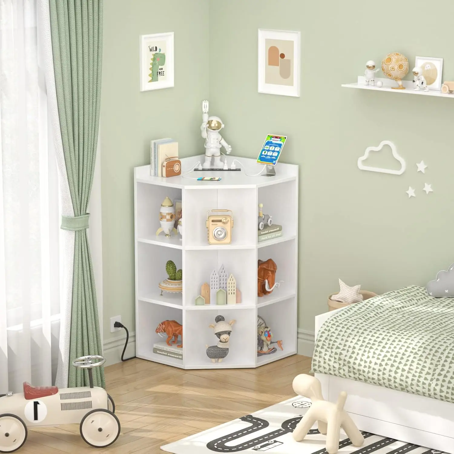 Corner locker with USB port and socket, wooden corner bookshelf with 9 cubes for small space, corner cube toy storage