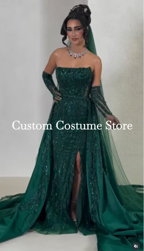 Emerald Green Mermaid Green Nikah Wedding Dress with Detachable Train Luxury Crystal Slit Bridal Wear Gown Outfit Customized