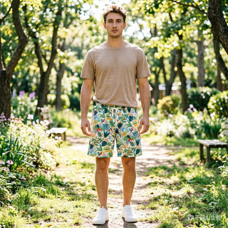 

Мужские пляжные шорты с принтом тропического леса - гавайский стиль, из чистого хлопка, идеально подходят для отпуска и отдыха.