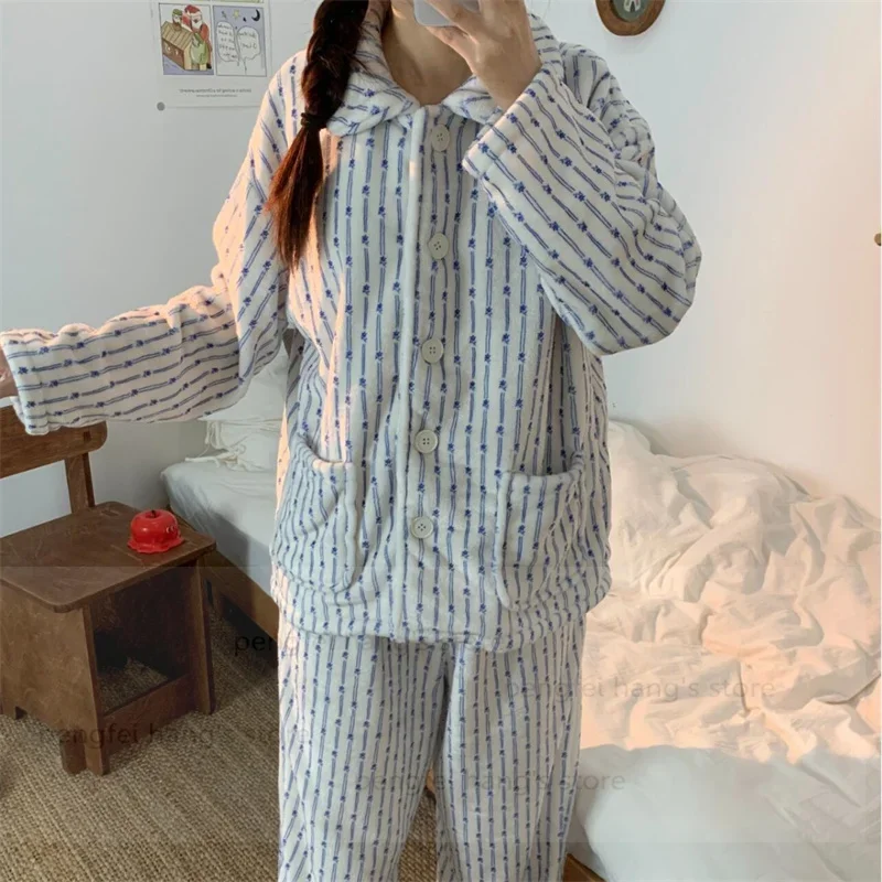 women-thicken-home-clothes-winter-sleepwear-blue-striped-trousers-suit-warm-flannel-pajamas-suit-soft-pijama-mujer-loungewear