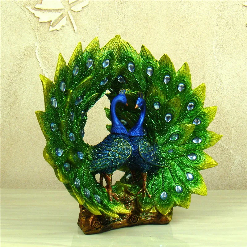 Plumage Spreading Peafowl Couple Statue Handmade Resin Lovers Peacock Sculpture Mascot Decor Living Room Ornament Craft Gift