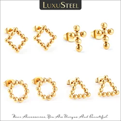 LUXUSTEEL Stainless Steel Ball Stud Earrings For Women Girls Gold Color Beaded Square Round Triangle Cross Shape Ear Jewelry