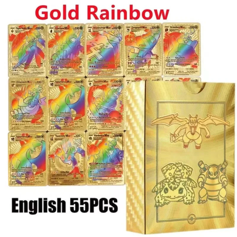 Anime Pokemon Cards 55Pcs Charizard Pikachu Gold Colorful English Black Rainbow Rare Battle Collection Game Card Kids Toys Gifts