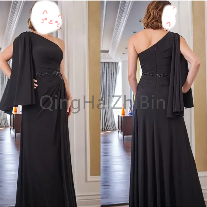 

QingHaiZhiBin Black Mother of the Bride Dresses One-Shoulder Chiffon A-Line Crystal Beading Fold Formal Banquet Wedding Guest Pr