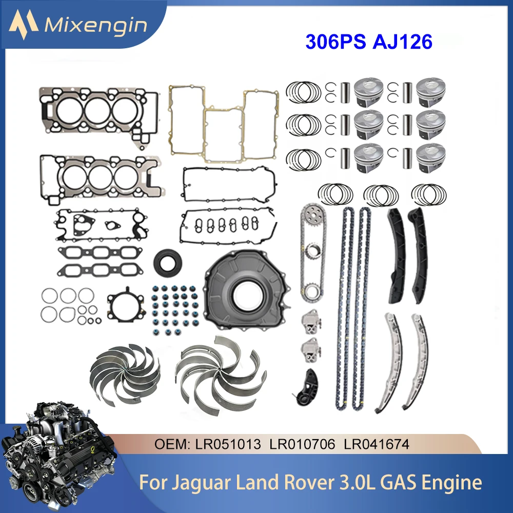 Engine Parts Head Gasket Set Timing Chain Kit Piston Kit Bearing Fit 306PS AJ126 3.0 V6 GAS For Jaguar XE Land Rover 3.0L 12-21