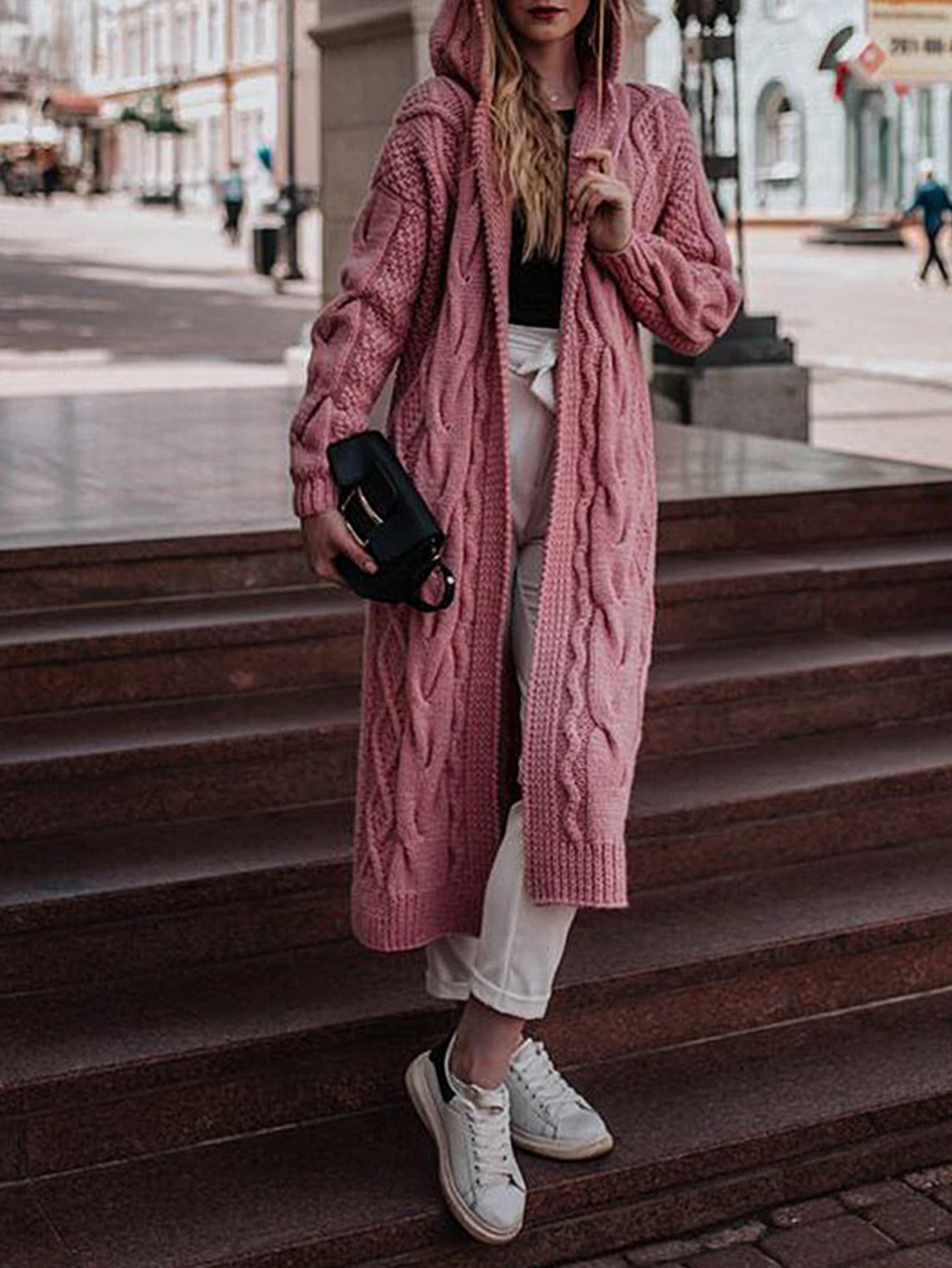 

Женский кардиган с открытым передом и капюшоном, вязаный в рубчик с длинными рукавами, удобный повседневный однотонный осенне-зимний костюм