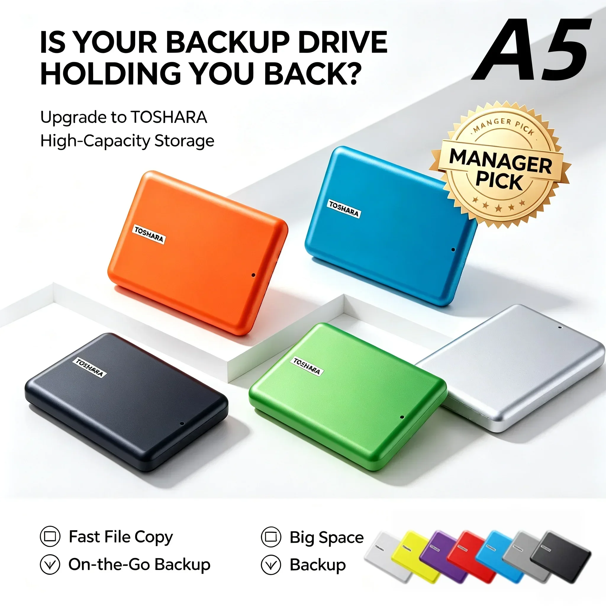 TOSHARA A5 Slim External Solid State Disk, 500GB/1TB/2TB/4TB, Laptop, Mac, Excellent Cooling, Boost Performance.